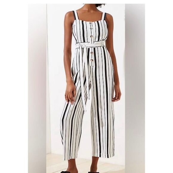 NWT LOFT Black & White Stripes Button Front Linen / Viscose Jumpsuit Size 10 - Picture 1 of 12